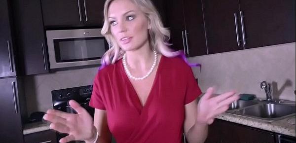  Blonde shoplifter MILF Kenzie Taylor got caught and blackmailed by stepson and performs a handsfree blowjob while wearing handcuffs.